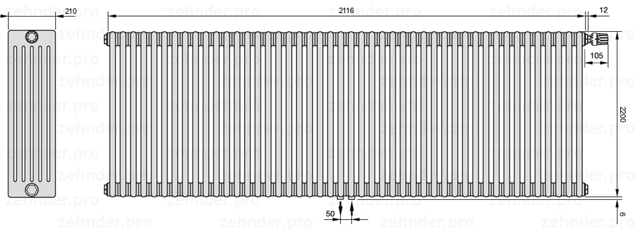 Схема (чертеж) Радиатор Zehnder Charleston 6220/46 №V008 Белый глянцевый RAL 9016